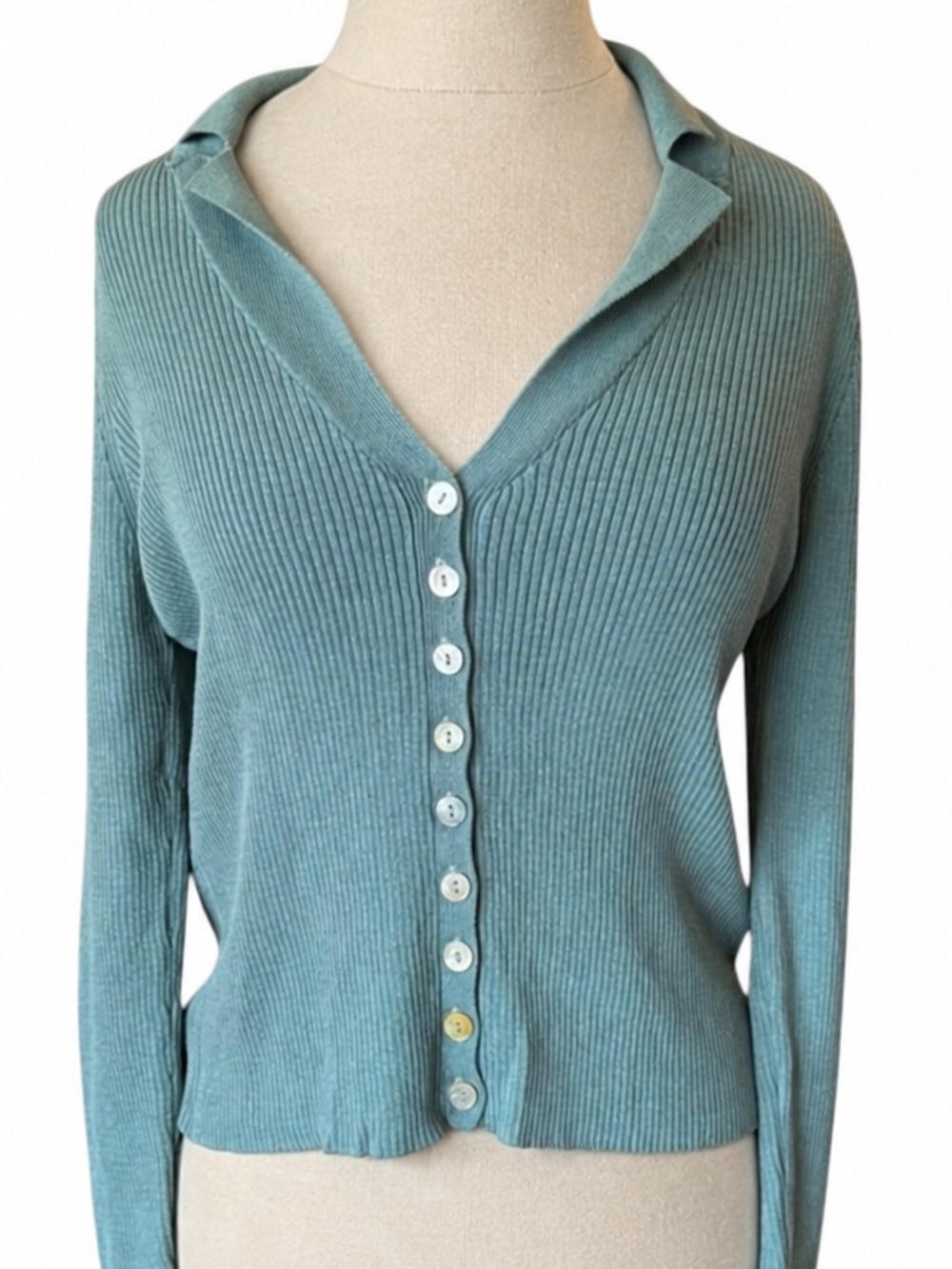 Lindex Teal Ribbed Knit Cardigan Pearl Button Fitted Long Sleeve EU Medium